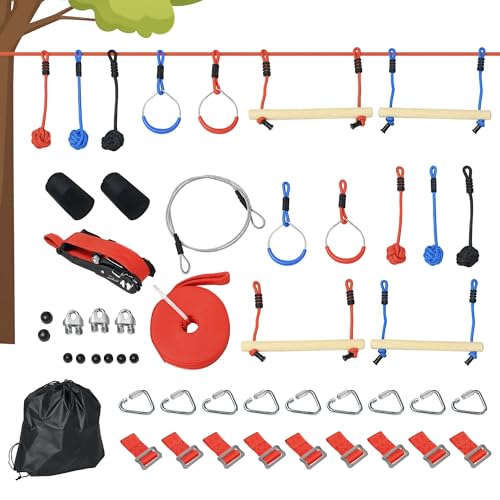 Outsunny Ninja Slackline-Set 30 TLG., 10 m Seil mit Hindernissen, Klettergerüst, Outdoor Klettertraining, Spielset Ausrüstung für 3-6 Jahre Kinder, Gymnastikringe, Seile, Mehrfarbig