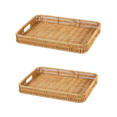 2 Pack Rectangle Rattan Serving Trays with Handles, Decorative Woven Wicker Organizer Baskets Storage Tray for Coffee Table, Bread, Fruit, Snacks