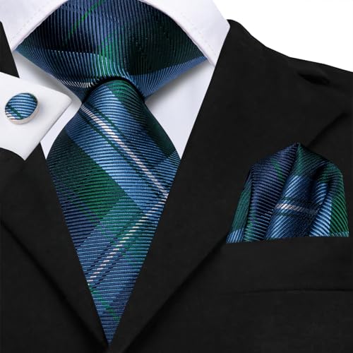 Image of Dubulle Mens Paisley Striped Tie and Handkerchief Cufflinks Tie Set for Men Wedding Business Formal,Blue Green