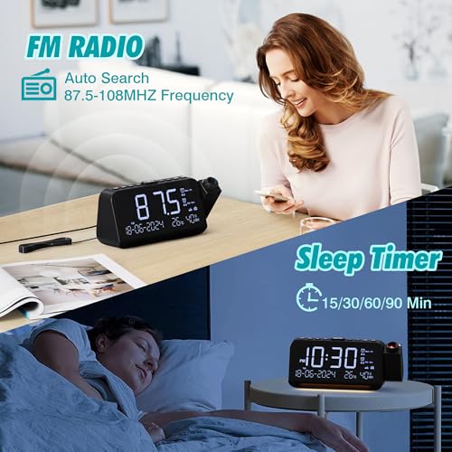 Mesqool Radio Despertador Proyector de Techo con Proyector de 320°, Modo día laborable/Fin de Semana, 2 Alarmas, Cargador USB Tipo C, FM, Regulador de Intensidad, Temperatura, Humedad, Snooze, 12/24H - imagen 4
