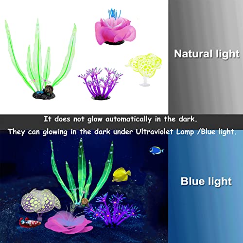 Image of Lpraer 4 Pack Glow Aquarium Decorations Coral Kelp Anemone Lotus Coral Simulation Glow Plant Glowing Effect Silicone for Fish Tank Decorations