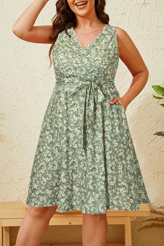 Image of Holipick Women's Plus Size Sleeveless V Neck Wrap Sundress Summer Casual Dress with Pockets