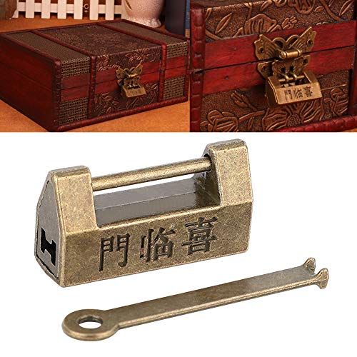 Image of Vintage Antique Lock, Mini Copper Chinese Retro Horizontal Padlock with Key for Jewelry Box Drawer, Hasp Pad Chest Lock Plate for Furniture Wooden Case Cabinet