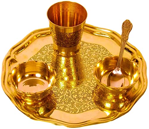 JaiSakshi Brass Thali puja Article 5Pcs Set for Kanha Ji Laddu Gopal | Guruji | Shaligram Bhagvanji ke Bartan, Puja Decorative Set (Thali Size-8 inch Diameter), Diwali Best for Gift