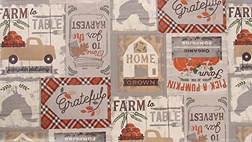 Bountiful Harvest Farm To Table Country Patchwork Vinyl Flannel Back Tablecloth (Gray Accents, 60" Round) #TOP5