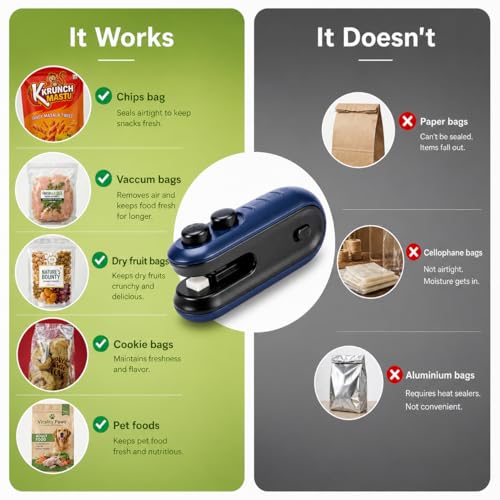 Image of MODORA 2-in-1 Mini Sealing Machine with Cutter - Handheld Heat Sealer & Packet Sealer for Food, Chips, Snacks | USB Type-C Rechargeable, Magnetic, Airtight Seal | No Preheating + 2 WALL HOOKS