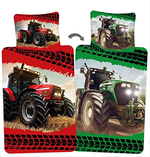 rainbowFUN.de Roter & Grüner Traktor 2in1 Wende-Bettwäsche-Set 135x200...