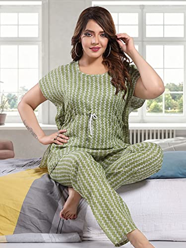 Image of Fabme Women's Cotton Printed Kaftan and Pyjama Set - Green Cream