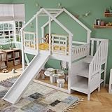 Etagenbett Stockbett 90x200 Weiß Jugendbett mit Rutsche Treppe Hausbett in...