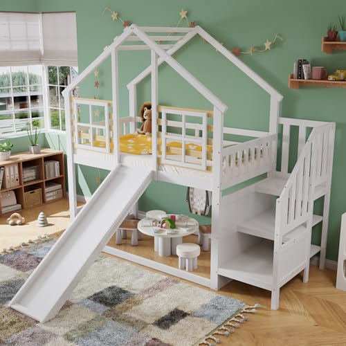 HESHU Kinderbett 90x200 cm, Etagenbett mit Rutsche und Fenster, Holzbett mit Treppe und Gitter, Hausbett mit Absturzsicherung, Hochbett Bettrahmen aus Massivholz, Weiß HESHU Kinderbett 90x200 cm, Etagenbett mit Rutsche und Fenster, Holzbett mit Treppe und Gitter, Hausbett mit Absturzsicherung, Hochbett Bettrahmen aus Massivholz, Weiß