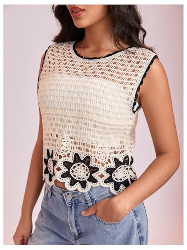 WDIRARA Women's Crochet Knit Sweater Vest Floral Hollow Out Crew Neck Sleeveless Tank Tops Knitwear4