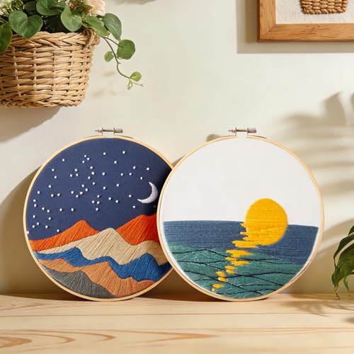 Image of Armindou Hand Embroidery DIY Kits for Beginners Adults, Sea Sunrise Embroidery Set Needlepoint Kits, Stamped Cross Stitch Kits for Beginners Adults, 2 Embroidery Hoops, Fabric(Attached Video Tutorial)