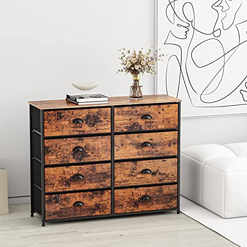 Furnulem 8 Drawer Dresser Wide 40'' Long, Storage Chest Of Drawer For 50'' Tv Stand, Closet, Bedroom, Nursery, Fabric Bins, Wooden Top Living Room Rustic Furniture (Rustic Brown) #TOP5