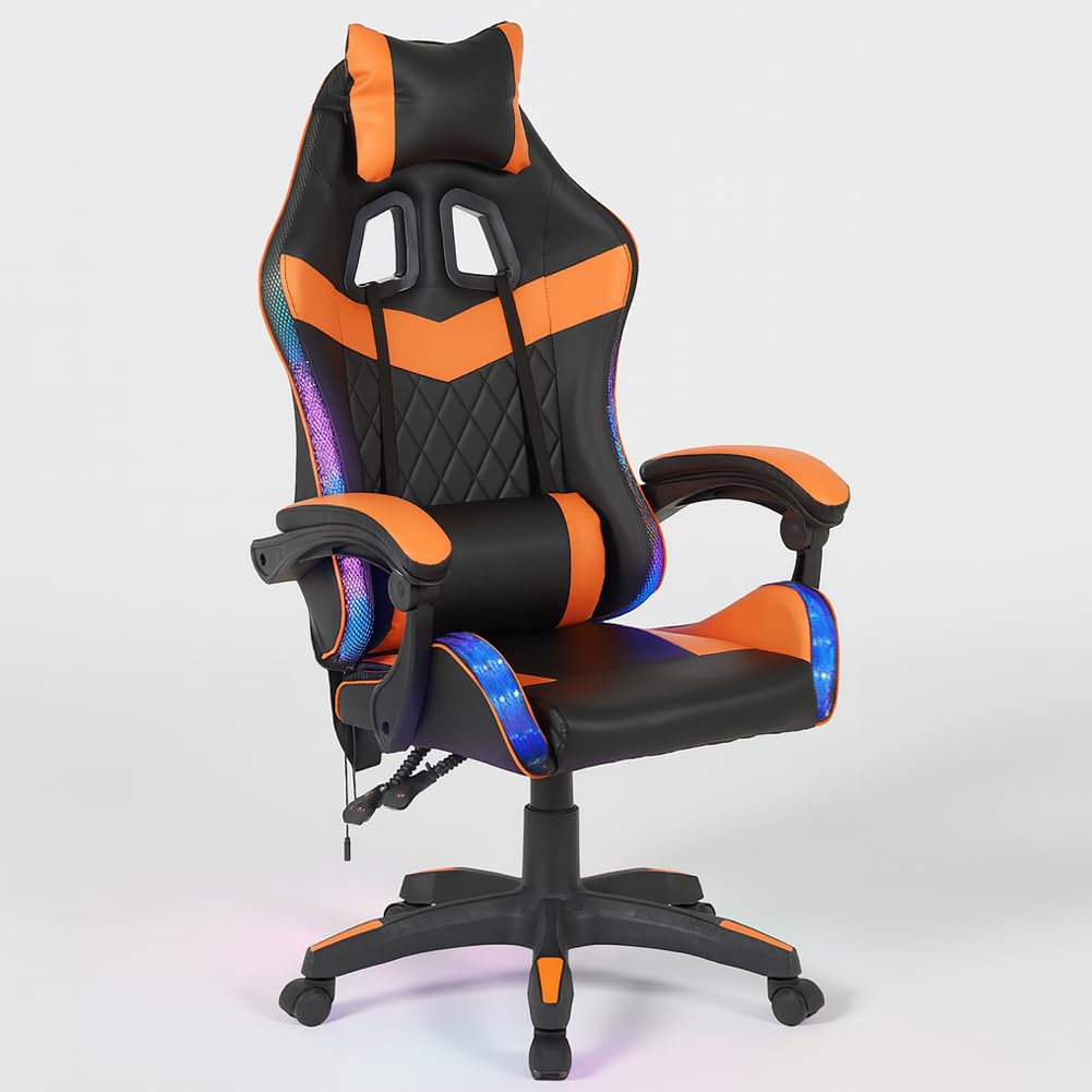 Shally Dogan Sedia Gaming da Scrivania con Striscia LED RGB Multicolore, Rivestimento in Ecopelle, Schienale Reclinabile, Altezza Regolabile da 106 a 116 cm, Poltrona da Ufficio, Cameretta (Arancione)