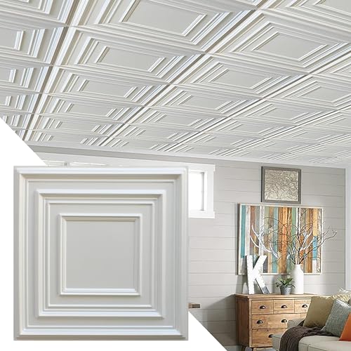 Dundee Deco Traditional Square Silver Glue Up or Lay in, PVC 3D Decorative Ceiling Panel, 2 ft X 2 ft (60cm X 60cm), 4 sq ft (0.37 sq m) Each