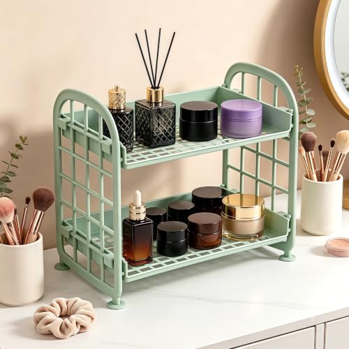 Image of 2 Pcs Desktop Rack Cosmetic Stationery Storage Holder, 2-Tier Multifunctional Plastic Shelf Makeup Organizer for Skincare Office Kitchen Bedroom Bathroom Home (Pink + White)