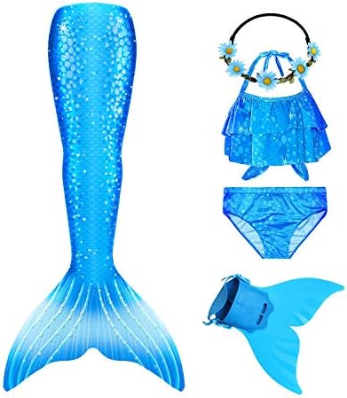 Fishtailfun Girl's Mermaid Costume Cosplay Swimming Princess Swimsuit, Dark Blue, 10-13 Years