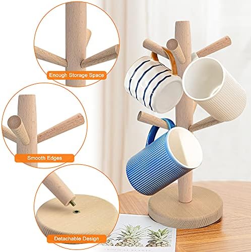 6 Cup Mug Rack Tree Beech Wood Mug Rack Display Stand Stylish Tea Cup Tree Stand Kitchen Supplies Coffee Mug Tree for Storage of Paper Towels, Cups, and Mugs
