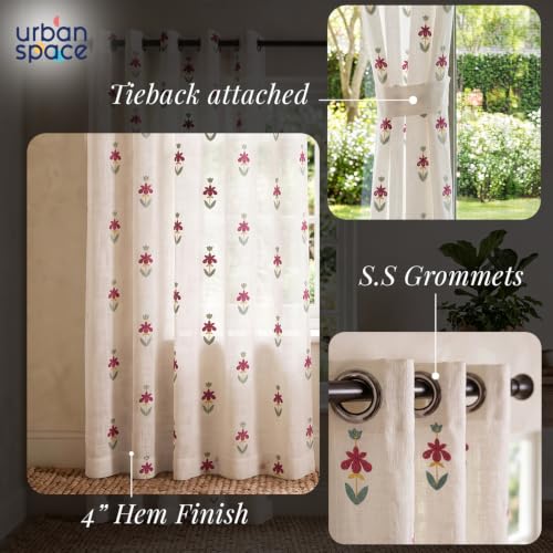 Image of Urban Space Cotton Sheer Curtain Pack of 1, Embroidered Semi Transparent Window Curtains 5 feet for Living Room, Bedroom & Balcony, 1 Pc Curtain with Eyelets and Tieback (Avira Pink - 5 feet)