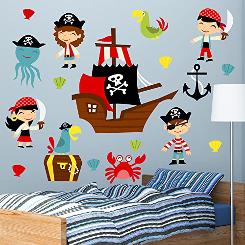 Pirate Wall Sticker - Cute Cartoon Pirate Wall Decal Set Kids Art (60cm Width x 50cm Width)