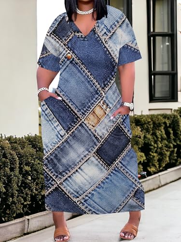 Image of SUZONANA Plus Size Denim Print Maxi Dresses for Women Casual V Neck Short Sleeve with Pockets Soft Jean Look Dress XL-6XL