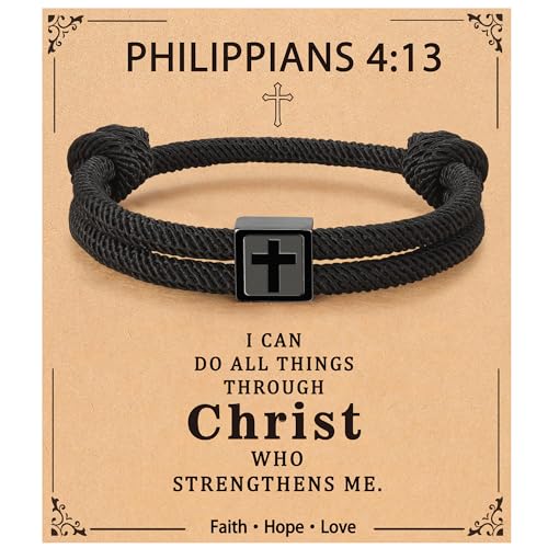 Image of Cross Bracelet for Boys Men, Rope Bracelets Birthday Baptism Christian Religious Baptism First Communion Confirmation Jewelry Gifts for Kids Teen Teenage Teens Son Age 8-12 Philippians 4:13