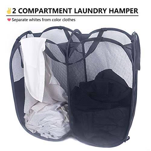 Mesh Pop Up Travel Laundry Hamper 2 Section, Collapsible Large Clothes Hampers For Laundry, Square Double Laundry Carrier Basket With Durable Handles/Solid Bottom/Extra Storage Bag, Black #TOP1