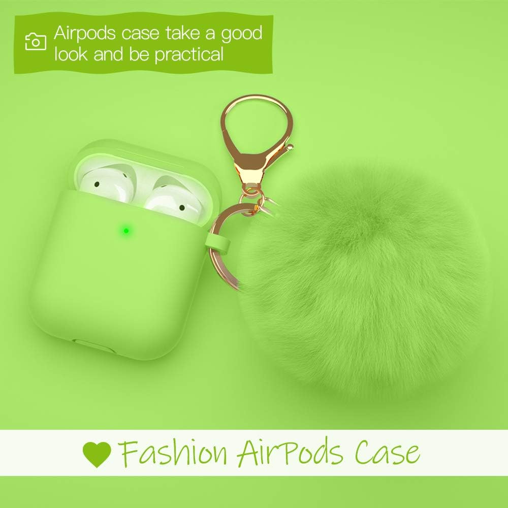 CTYBB for Airpod Case,Silicone Airpods Case Cover with Fur Ball Keychain Compatible with Apple Airpods 2/1 (Front LED Visible) Green