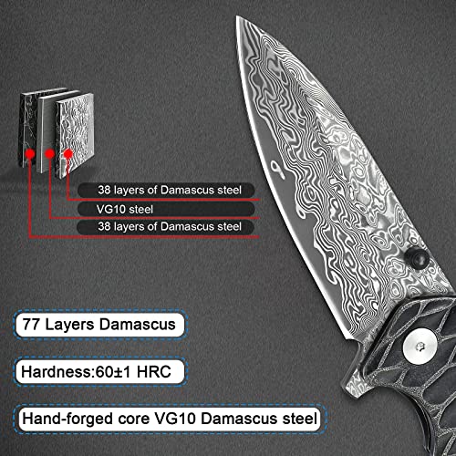 Aubey Damascus Pocket Knife For Men, Forged Vg10 Damascus Steel Folding Knife With Sheath, Rain-Drop Blade, Stainless Steel Handle, Edc Knife For Camping, 60 Hrc, Blade Length 2.95" #TOP6
