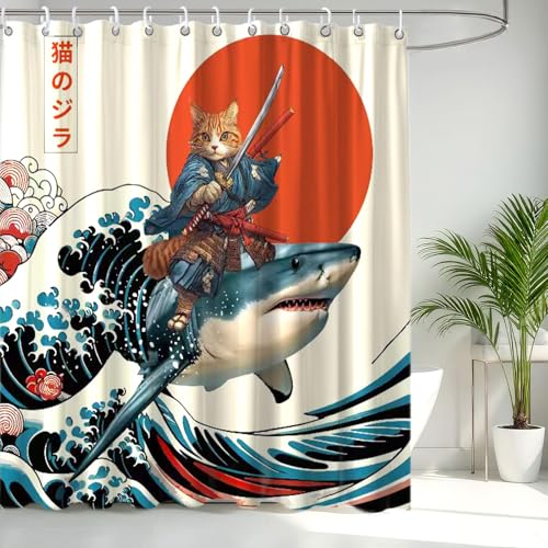 Image of Funny Japanese Cat Shower Curtain, Cat Riding Shark Japan Anime Ocean Wave Waterproof Shower Curtain with Hooks, Funky Animal Sun Fabric Shower Curtains Kids Bathroom Decor 72X72inches