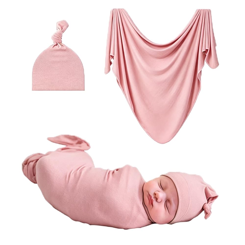 Oaygat Newborn Baby Swaddle Blanket & Hat Set 47 * 47 Inch Large Size Soft Infant Swaddling Receiving Blanket Essential Baby Supplies for Boys and Girls Aged 0-3 Months