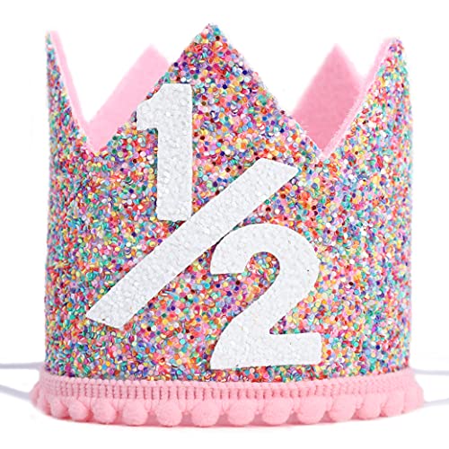 WAHAWU Rainbow Crown for Half Birthday Party- Glitter Birthday Crown, Birthday Hats for Kids, Baby's Birthday Photo Props, Crown Birthday Decoration, Little Girls Hair Accessories Party