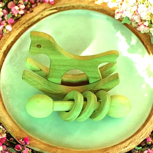Image of Pocket-Sized Mini Swing Horse | Dumbbell with Rings | Wooden Rattle Teether Toys for Babies | Safe Imaginative Play | Hand-Eye Coordination