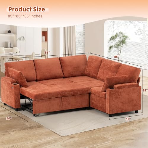 Image of 85 inch Chenille Sectional Sofa w /Pull Out Bed & Storage Space, Orange | Upholstery L Shaped Couch w /Cup Holders, Modern Corner Sofa w /USB Charging Port & Throw Pillow for Living Room