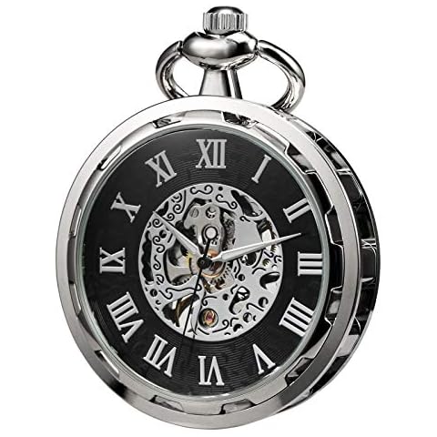 TREEWETO Pocket Watch Skeleton Open Face Men Antique Bronze Mechanical Hand-Wind with Chain Box Cover