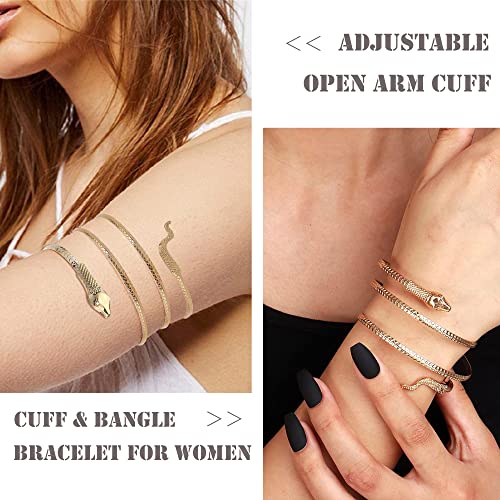 EIELO 6-10Pcs Arm Cuff Bracelets for Women Upper Arm Bands Snake Feather Armband Greek Goddess Filigree Swirl Boho Armlet Cuff Bangle Adjustable Golden/Silvery Arm Bracelet Set2