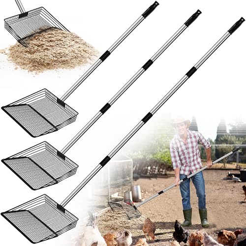 Jusoney 10 Upgrade and Reinforcement Stainless Steel Manure Scoop w/4-in-1 Adjustable Handle (36.6-62) Ergonomic Sifter Shovel for Chicken Coop Cat Litter Pet Waste Cleaning Tools