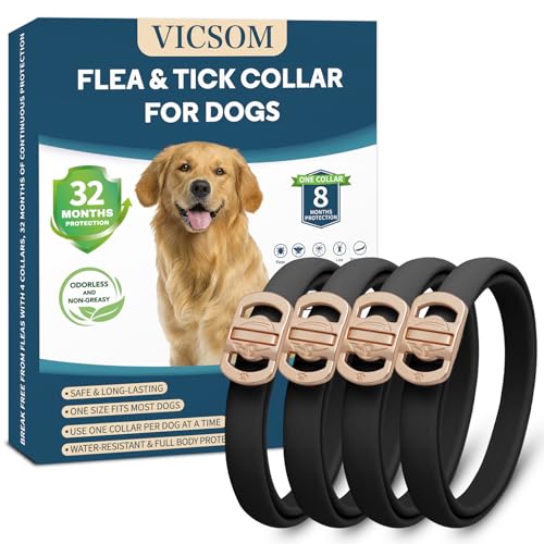 Flea and Tick Collar for Dogs 4 Pack, 32 Months Prevention, Waterproof, Adjustable for Small Medium Large Dogs Puppies (Black)