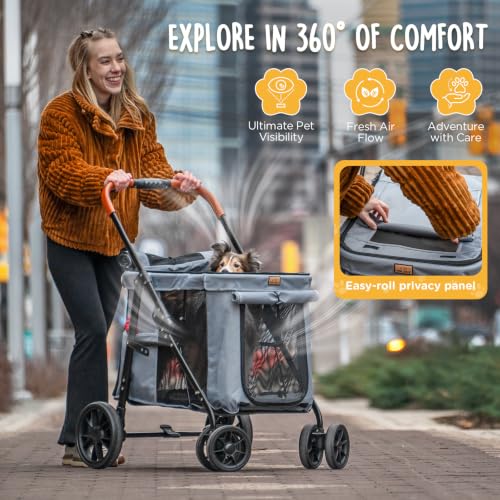 Image of CANINE CANYON Scout Pet Stroller, Heavy Duty Dog Stroller for Large & Medium Dogs, Foldable Pet Stroller for 2 Dogs with All-Terrain Wheels, Storage Pocket & Cup Holder, 55 lbs Capacity, Grey