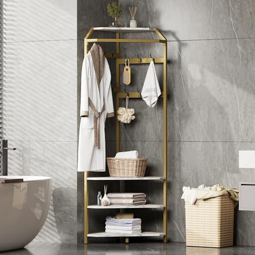 GarveeHome Corner Coat Rack with Shoe Bench Entryway, Corner Hall Tree with 6 Double Hooks, Clothes Rack with Storage Hall Tree with Organizer Shoe Bench Shelf (Gold 02, 20 * 20 * 71 inch)