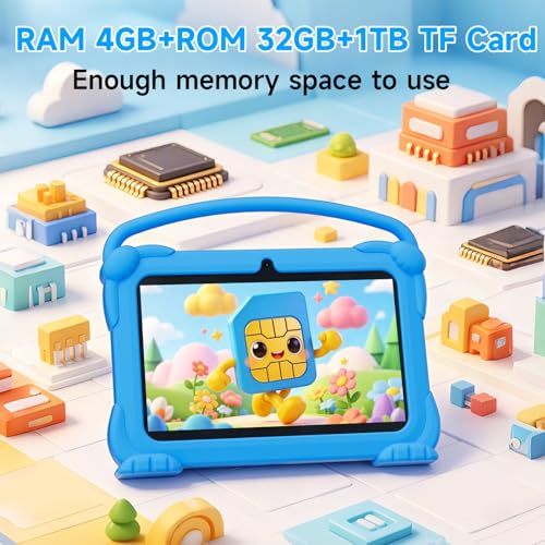 Image of YQSAVIOR Kids Tablets, Android 12 Tablet for Kids, 4GB RAM 32GB ROM Toddler Tablet 7 inch IPS Screen, Parental Control, 2+5MP Dual Camera, Shockproof Case for Educational Games, Blue