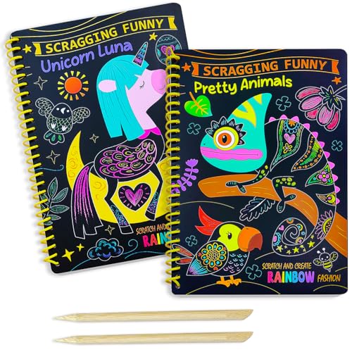 JUNQIU 2 Pack Animal & Unicorn Scratch Art for Kids Rainbow Scratch Paper Art Notebook Arts and Crafts for Boys Girls Birthday Gifts Party Games