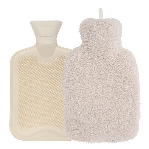 Night Owl 2L Hot Water Bottle with Teddy Fur Cover / 32.5cm / 2 Litre Capacity/Provides Warmth and Pain Relief (Beige)
