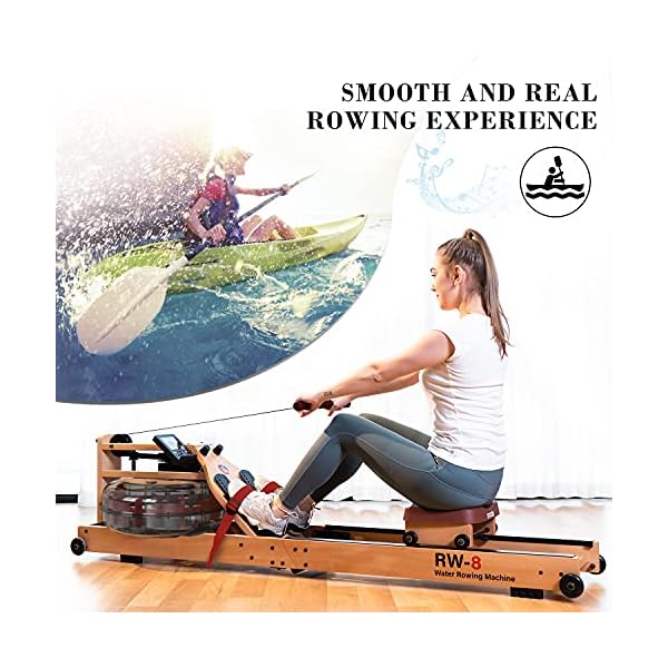 RW8 Plus Foldable Wood Water Rowing Machine with APP, Rowing Machine Water Resistance for Home Use with LCD Monitor, Wood Indoor Rower, Soft Seat