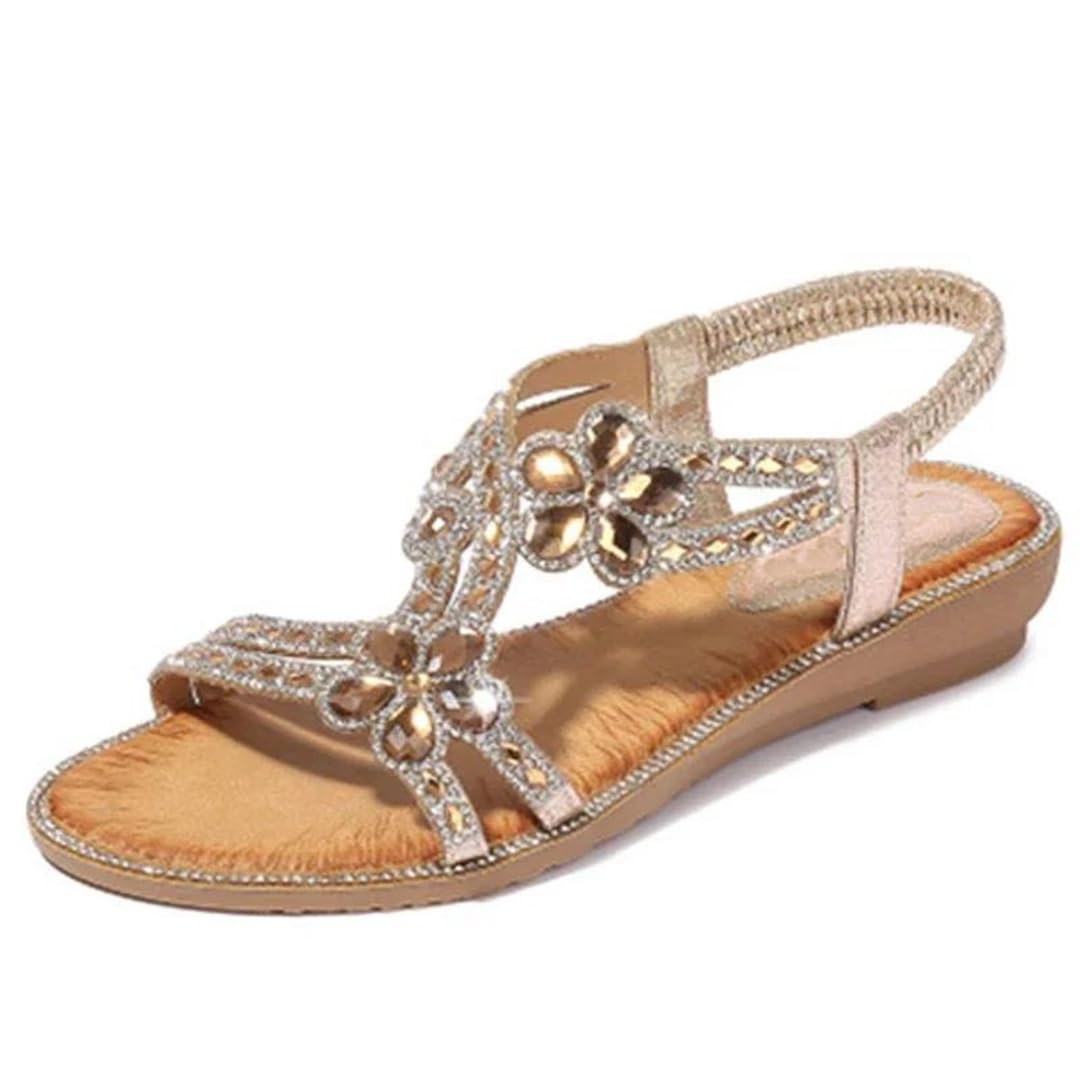 Sandalias de gladiador con banda elástica para mujer, correa delantera y trasera, tacón de cuña, parte superior de poliuretano, bohemio, floral, casual