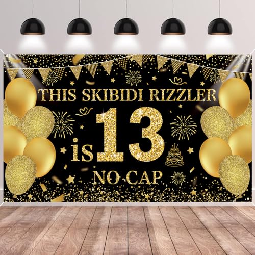Image of Black Gold This Skibidi Rizzler is 13 No Cap Happy Birthday Backdrop Banner Photography Background Decorations for Boys Girls 13th Year Bday Party Accessories Supplies 72.8 * 43.3in
