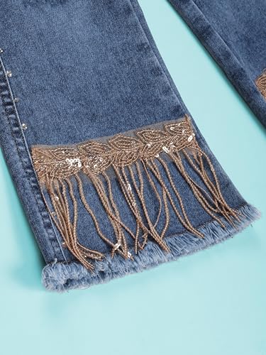 Image of KiddoPanti Girls Bottom Flared Knee Distress Stretchable Denim Jeans with Adjustable Elastic Waist