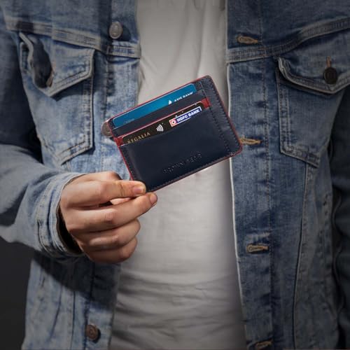 Image of BROWN BEAR Premium Branded Men's Card Holder - Stylish, RFID Leather Card Holder (Blue /Red)