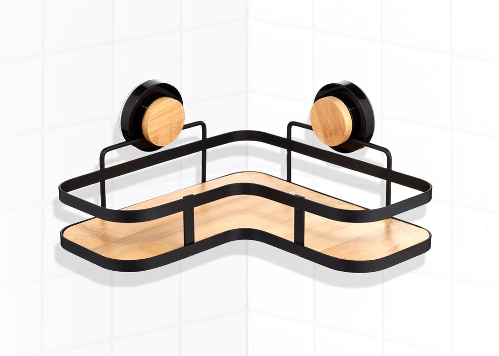 Popular Bath Home Corner Basket with Suction Metal and Bamboo Black L shape