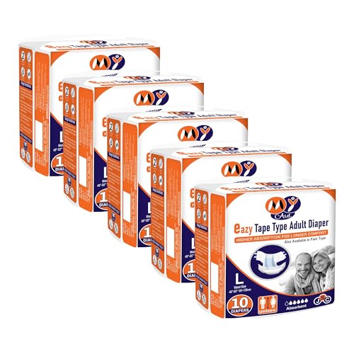Image of Premium Unisex Eazy Tape Style Easy Adult Diapers With Wetness Indicator, Fast Absorption, Leakproof, Odour Lock & Anti-Bacterial 50 Count (L,Pack of 5)